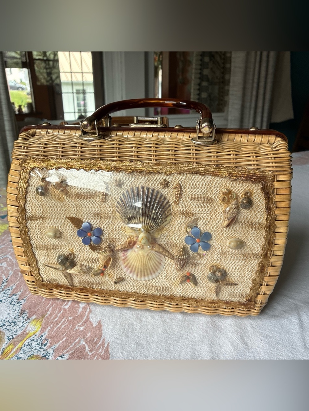 Vintage Princess Charming by Atlas Wicker Seashell and Blue Flower Handbag